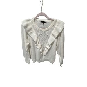 Adrienne Vittadini White Ruffle Pom Pom Cable Knit Sweater Womens Medium VS62018